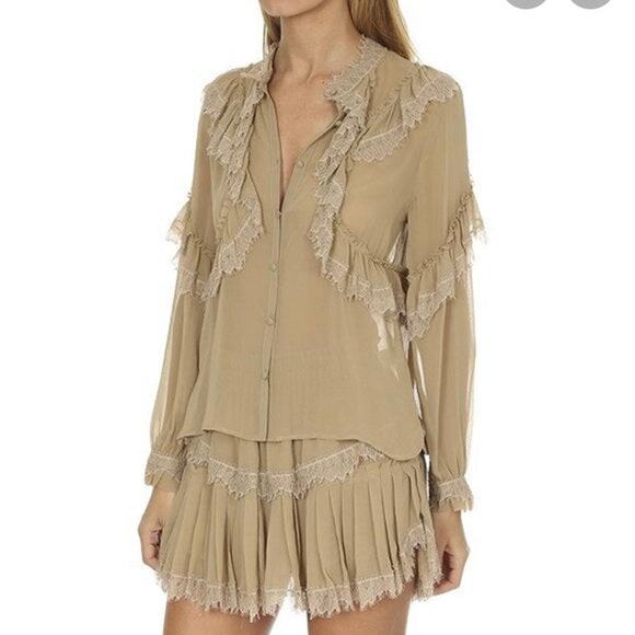 LoveShackFancy Tops - LoveShackFancy Ruffle Lace Trim Clara Silk Blouse Raffia Brown Womens Sze Medium
